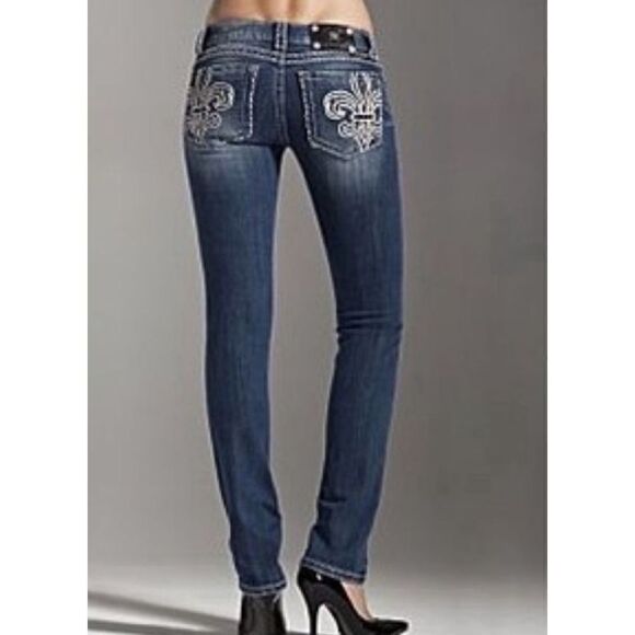 Miss Me Fleur De Lis Dark Wash Low Rise Skinny Jeans Size 28 JP5182G - Picture 2 of 10